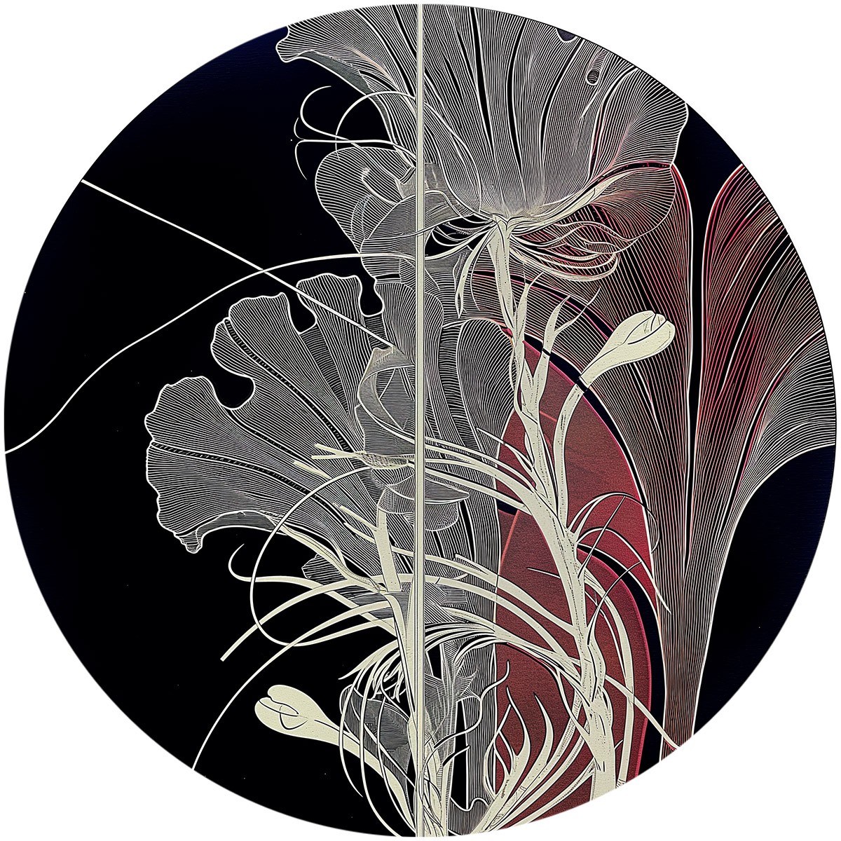 Engraved white bloom on black background, pattern 2, circular illustration
